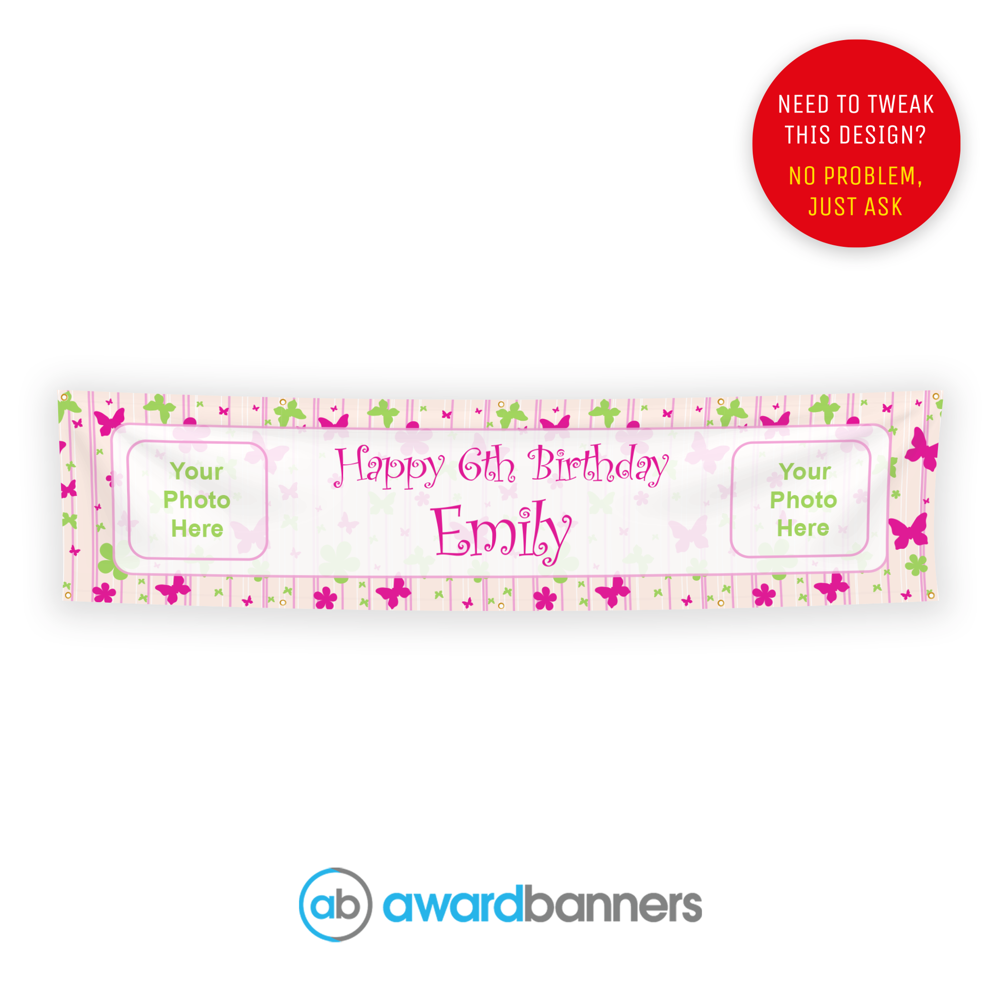 Red and Green Butterflies PVC Birthday Banner - AB159